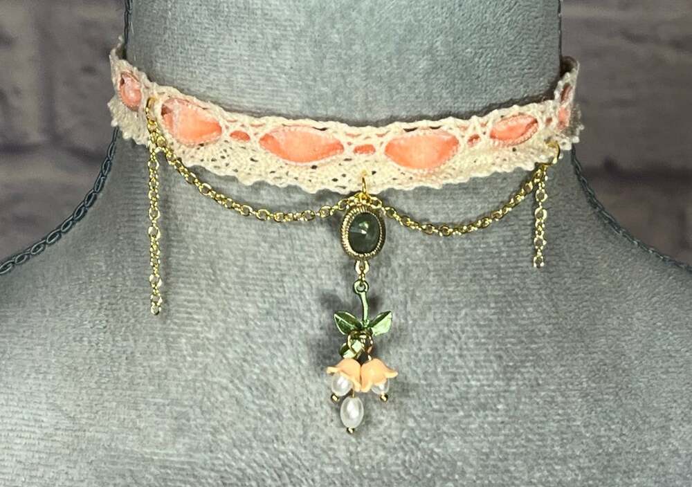 Handmade Shabby Chic Cottagecore Victorian Choker with Upcycled Lily Pendant